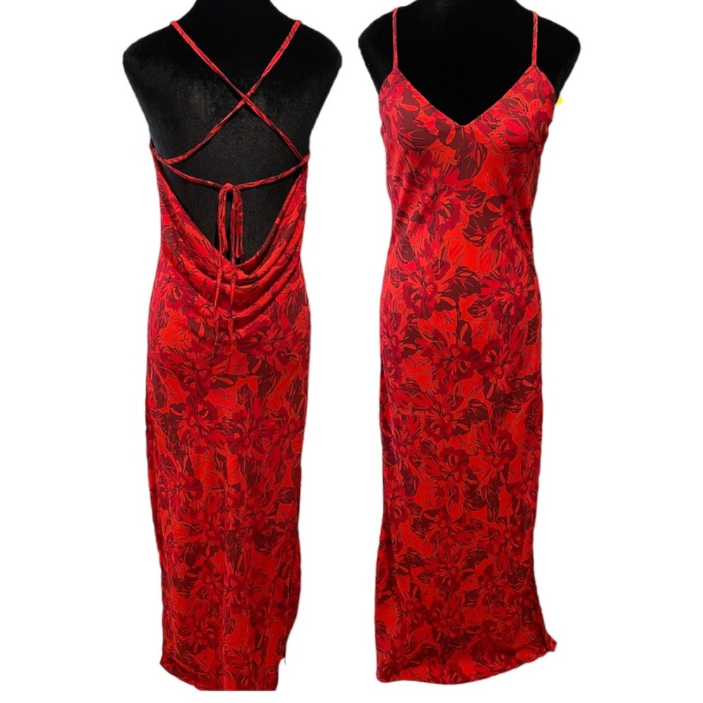 Lulus Sunset the Mood Red Multi Floral Print Lace Up Cowl Strappy Maxi Dress